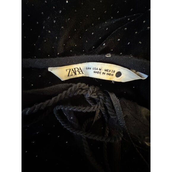 ZARA Medium Black Velvet & Sequins Long Sleeve Top Delicate Tie Neckline - Picture 2 of 11